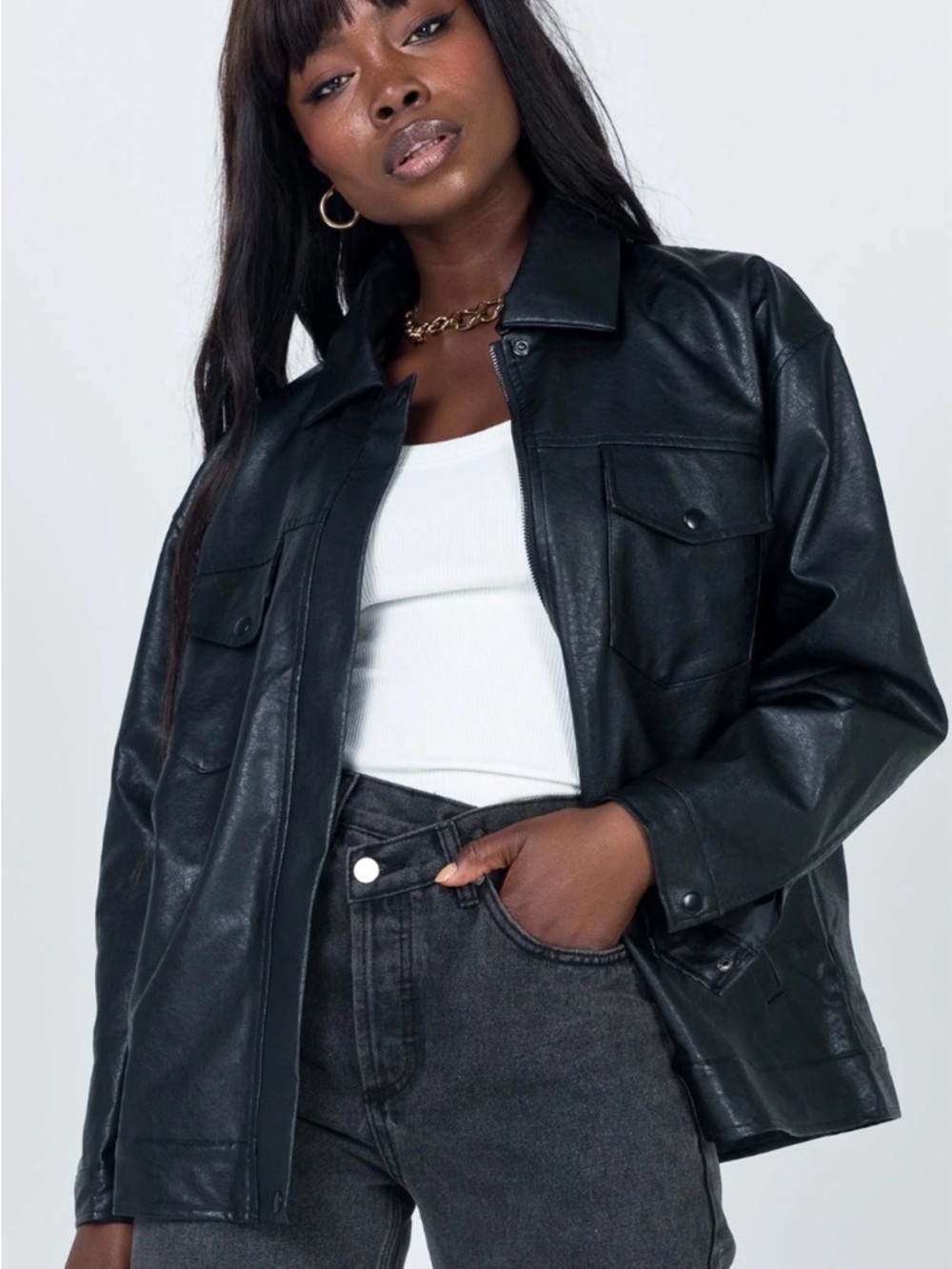Princess Polly Black Faux Leather Overshirt Jacket